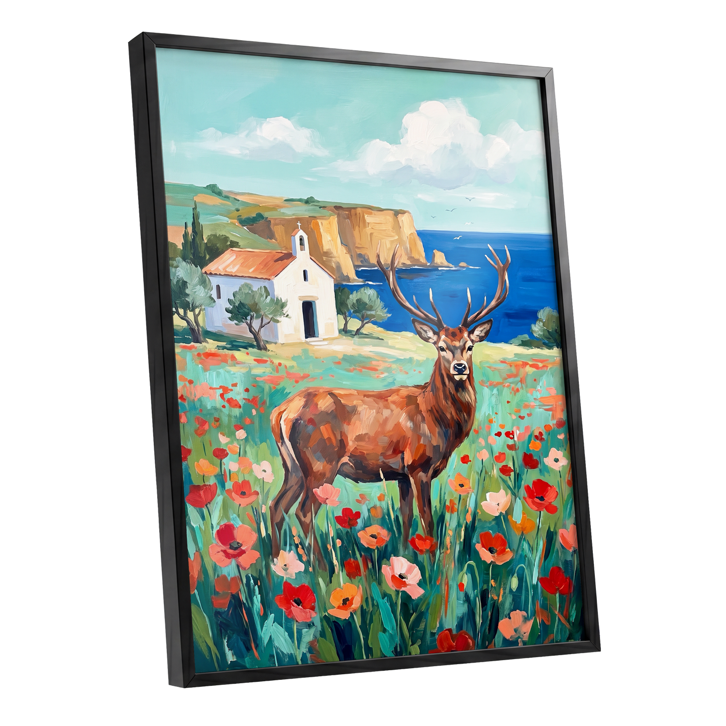Stag Above the Azure Bay, blue, green, red nature wall art shown as a black framed poster wall art print