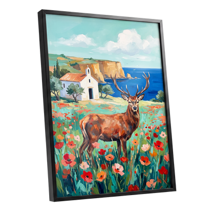 Stag Above the Azure Bay, blue, green, red nature wall art shown as a black framed poster wall art print
