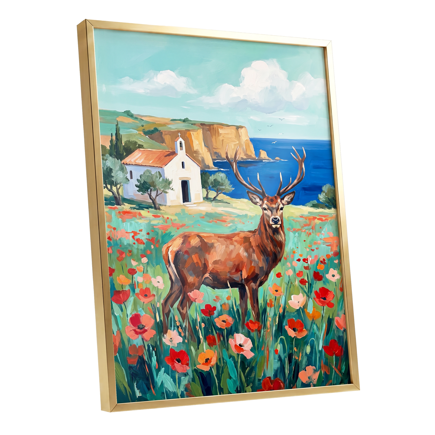 Stag Above the Azure Bay, blue, green, red nature wall art shown as a gold framed poster wall art print