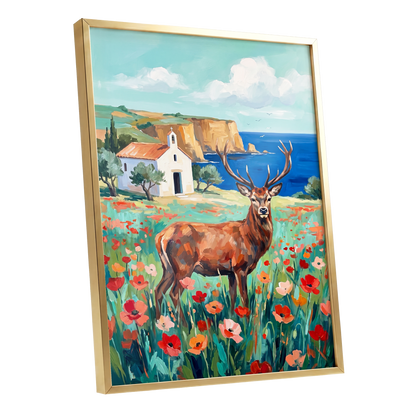 Stag Above the Azure Bay, blue, green, red nature wall art shown as a gold framed poster wall art print