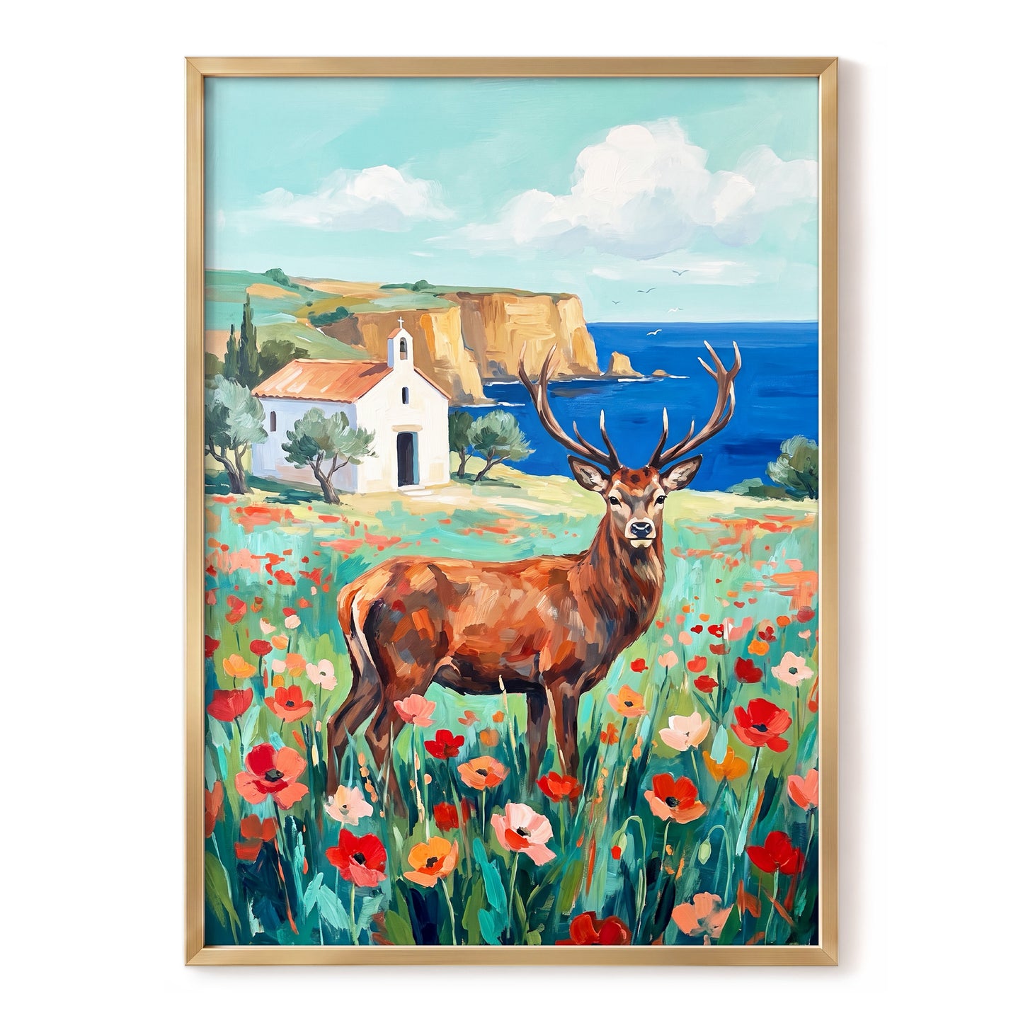 Stag Above the Azure Bay, blue, green, red nature wall art, front artwork view