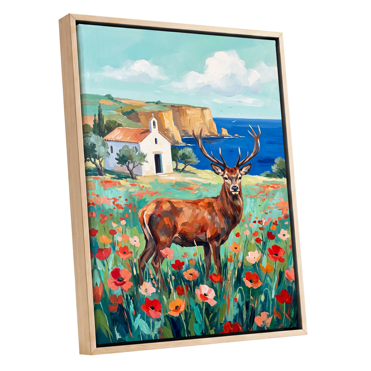 Stag Above the Azure Bay, blue, green, red nature wall art shown as a oak framed canvas wall art