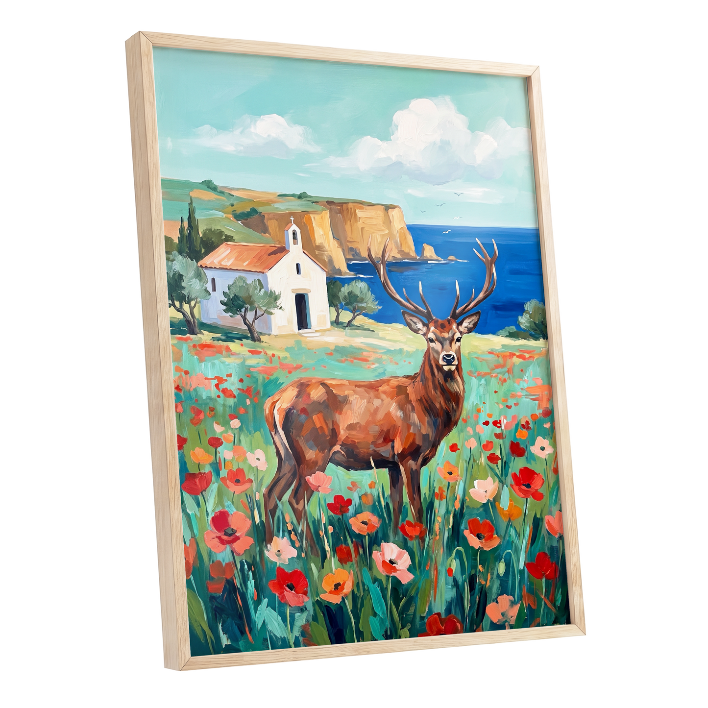 Stag Above the Azure Bay, blue, green, red nature wall art shown as a oak framed poster wall art print