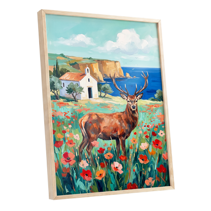 Stag Above the Azure Bay, blue, green, red nature wall art shown as a oak framed poster wall art print