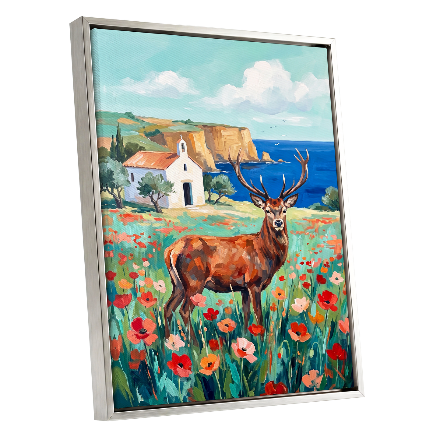 Stag Above the Azure Bay, blue, green, red nature wall art shown as a silver framed canvas wall art