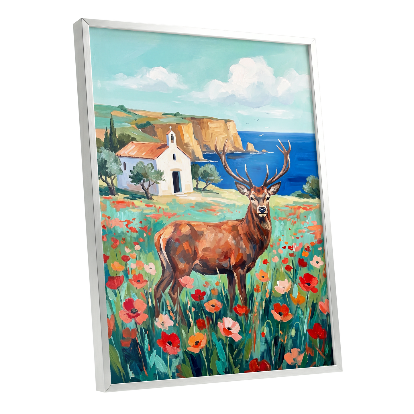 Stag Above the Azure Bay, blue, green, red nature wall art shown as a silver framed poster wall art print