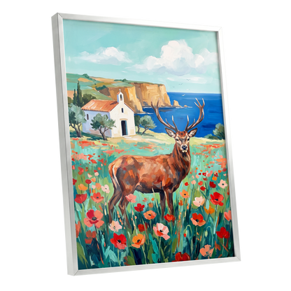 Stag Above the Azure Bay, blue, green, red nature wall art shown as a silver framed poster wall art print