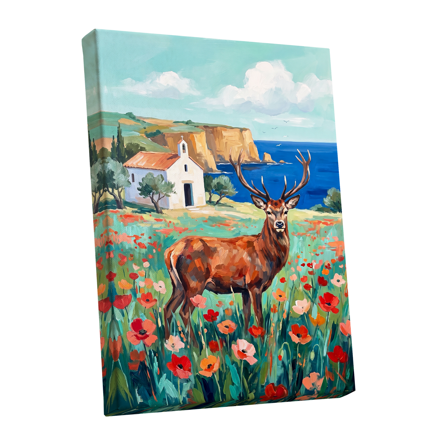 Stag Above the Azure Bay, blue, green, red nature wall art shown as a stretched canvas wall art