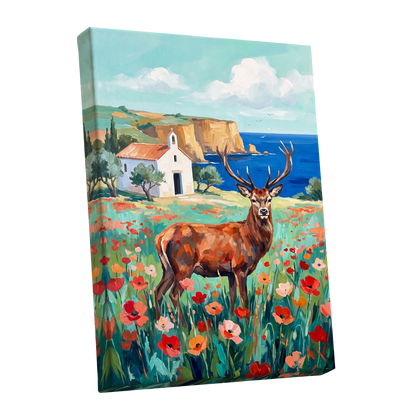 Stag Above the Azure Bay, blue, green, red nature wall art shown as a stretched canvas wall art