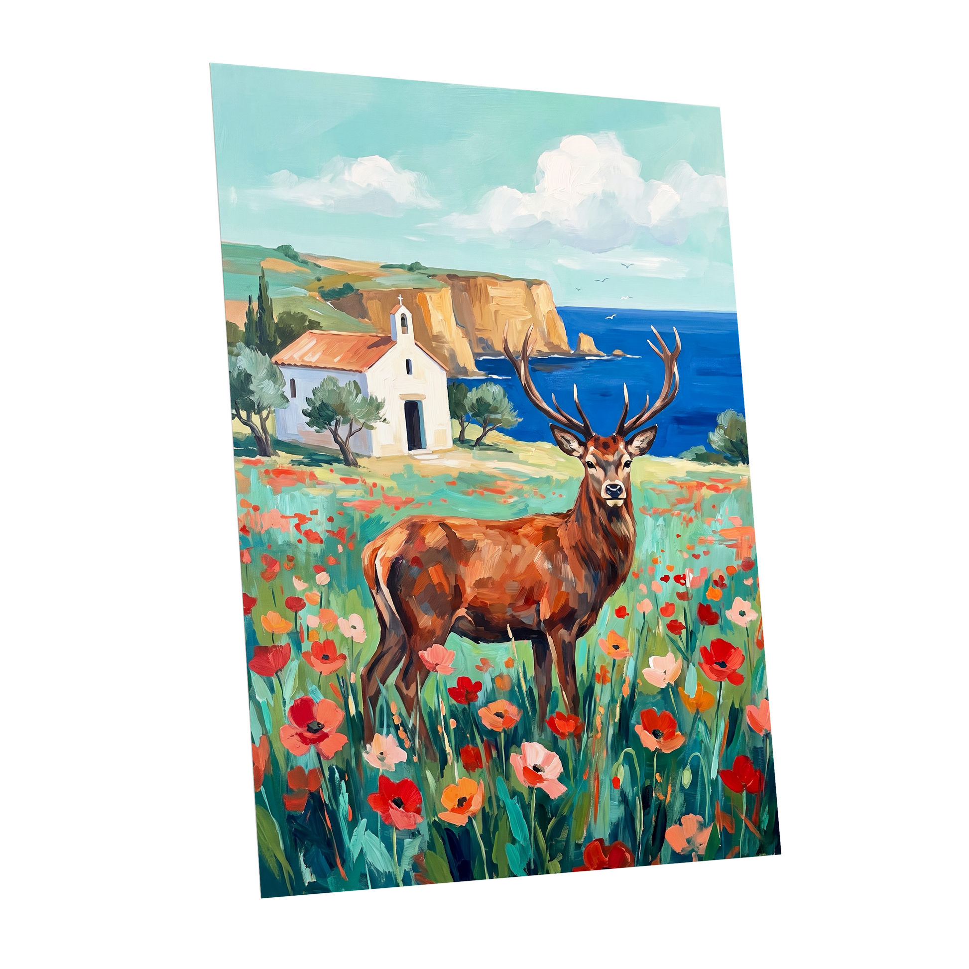 Stag Above the Azure Bay, blue, green, red nature wall art shown as a unframed poster wall art print