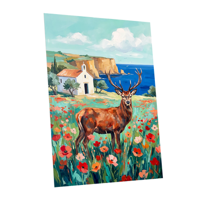 Stag Above the Azure Bay, blue, green, red nature wall art shown as a unframed poster wall art print