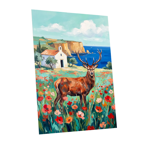 Stag Above the Azure Bay, blue, green, red nature wall art shown as a unframed poster wall art print