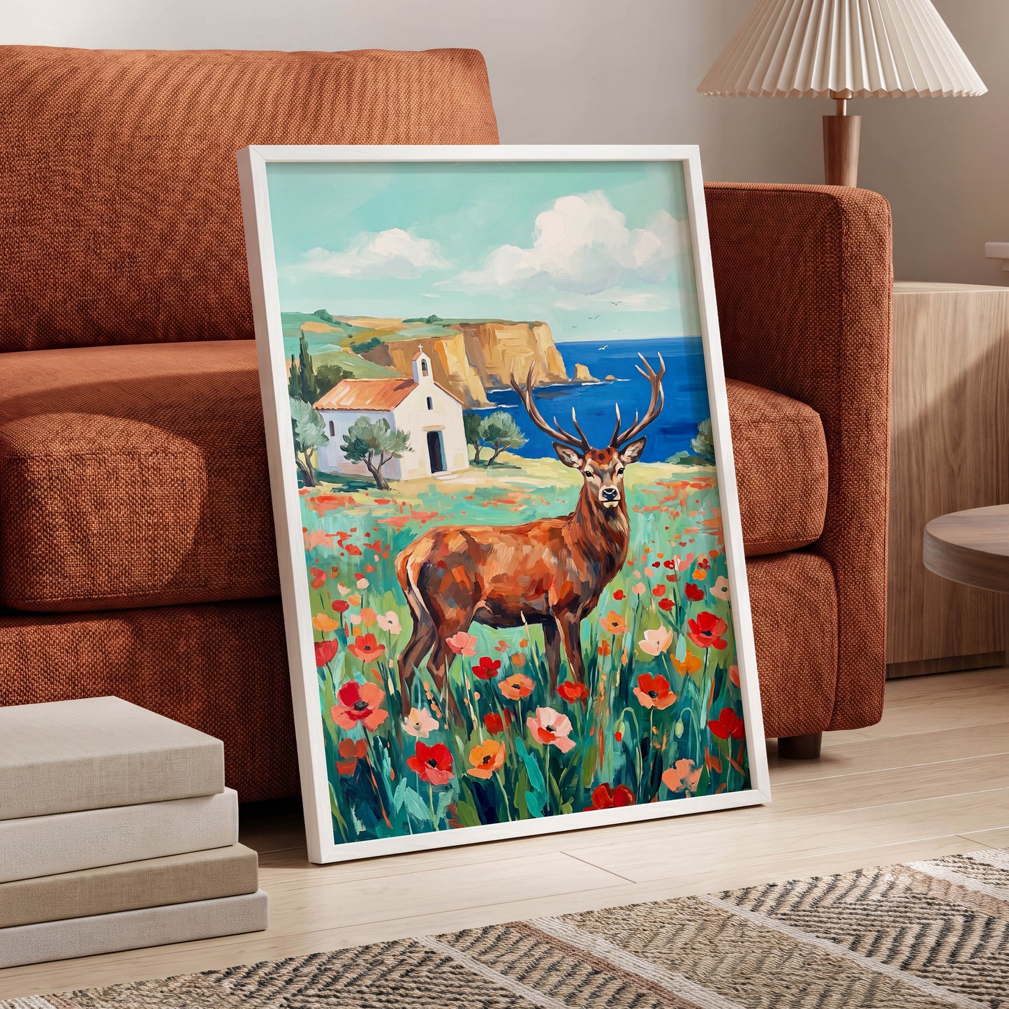 Stag Above the Azure Bay, blue, green, red nature wall art displayed in a styled interior, gallery view 2