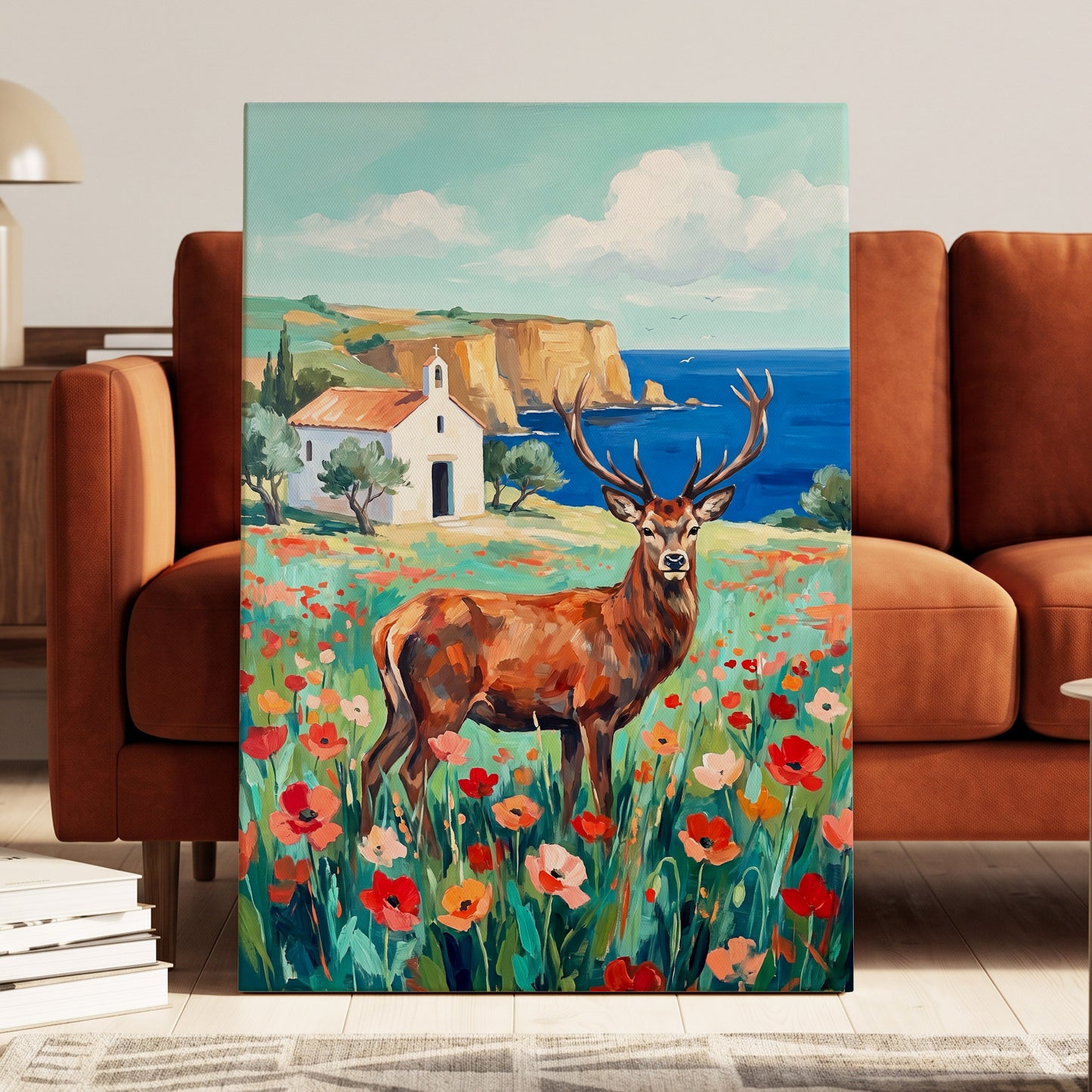Stag Above the Azure Bay, blue, green, red nature wall art displayed in a styled interior, gallery view 3