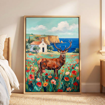 Stag Above the Azure Bay, blue, green, red nature wall art displayed in a styled interior, gallery view 4