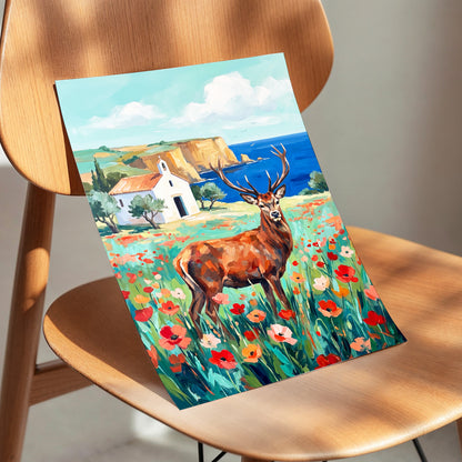 Stag Above the Azure Bay, blue, green, red nature wall art displayed in a styled interior, gallery view 5