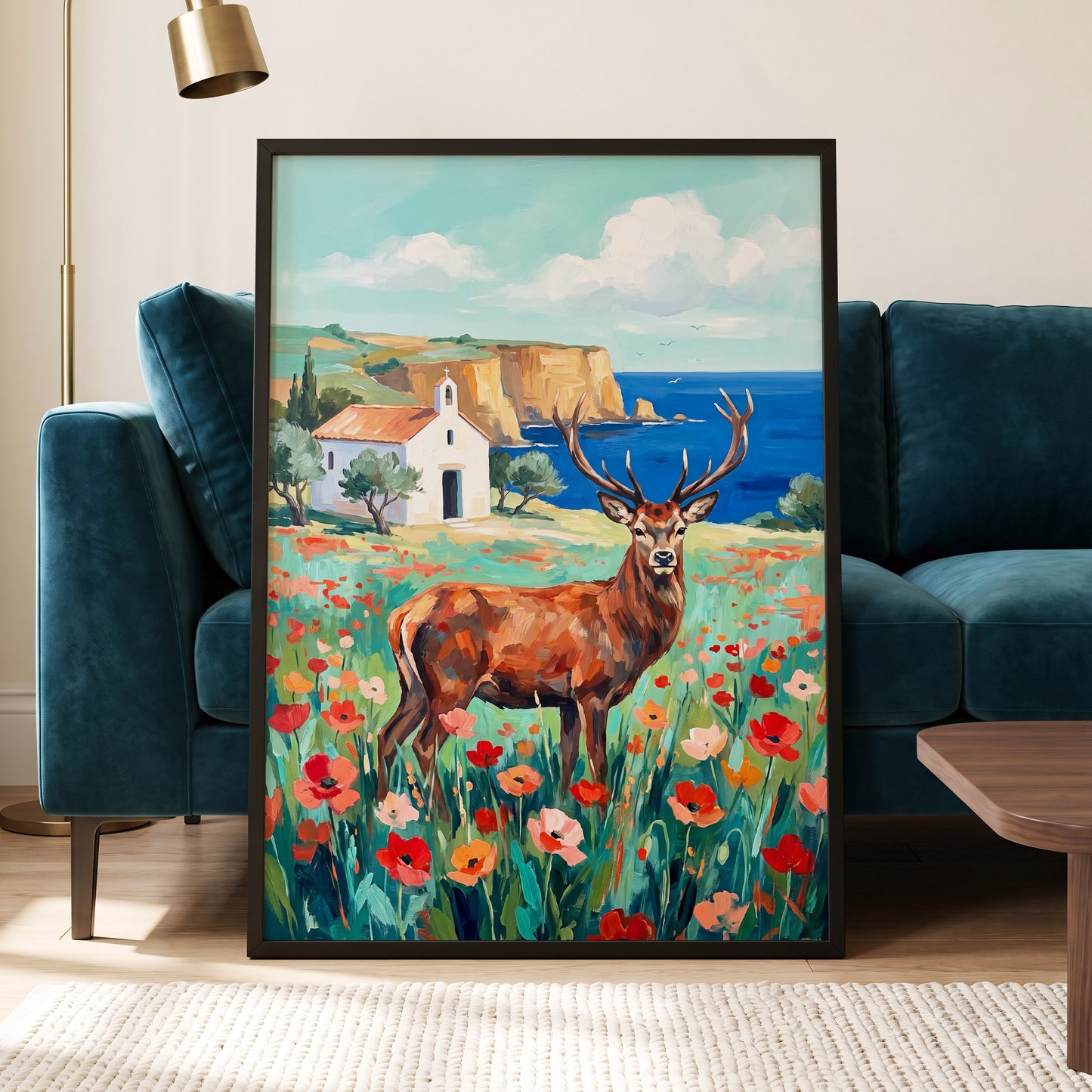 Stag Above the Azure Bay, blue, green, red nature wall art displayed in a styled interior, gallery view 6