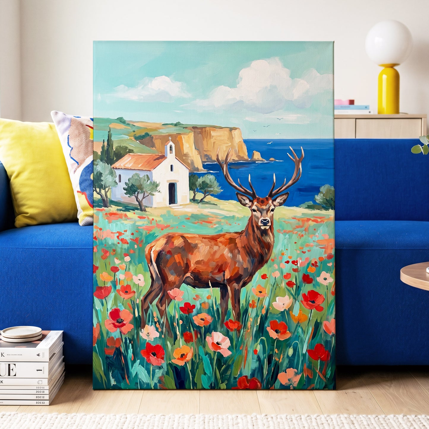 Stag Above the Azure Bay, blue, green, red nature wall art displayed in a styled interior, gallery view 7
