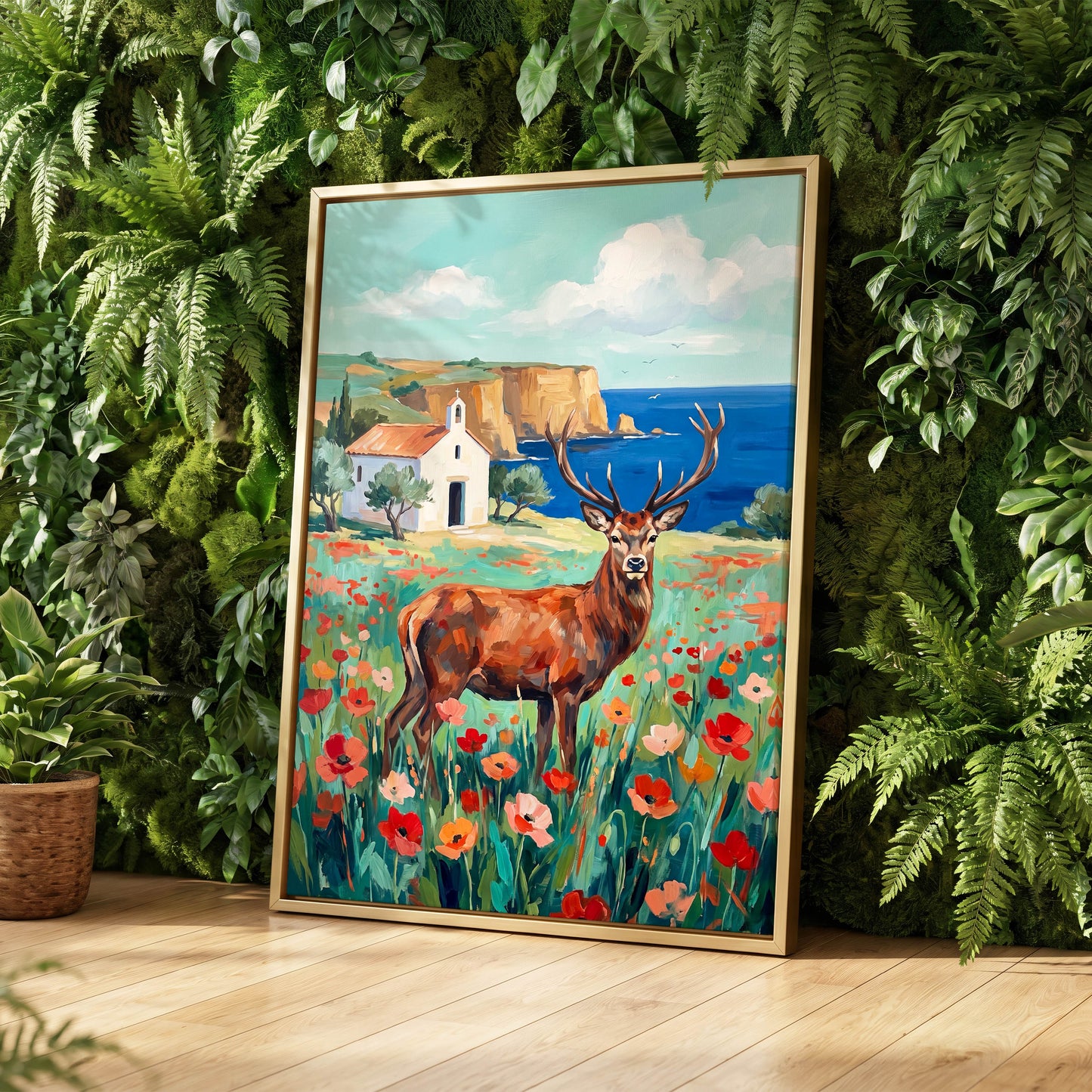 Stag Above the Azure Bay, blue, green, red nature wall art displayed in a styled interior, gallery view 8