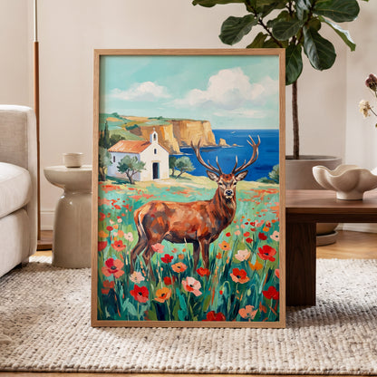 Stag Above the Azure Bay, blue, green, red nature wall art displayed in a styled interior, gallery view 9