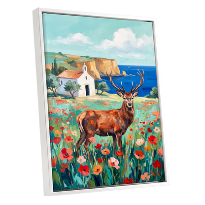 Stag Above the Azure Bay, blue, green, red nature wall art shown as a white framed canvas wall art