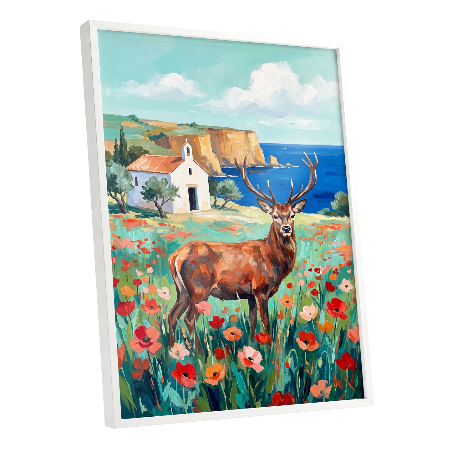 Stag Above the Azure Bay, blue, green, red nature wall art shown as a white framed poster wall art print
