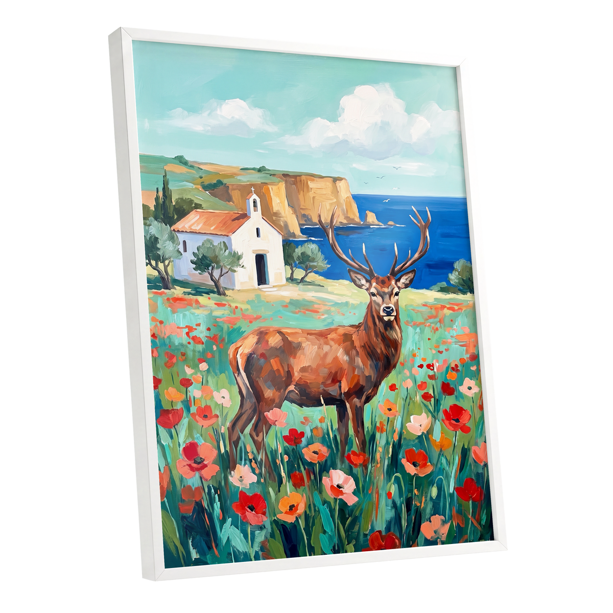 Stag Above the Azure Bay, blue, green, red nature wall art shown as a white framed poster wall art print