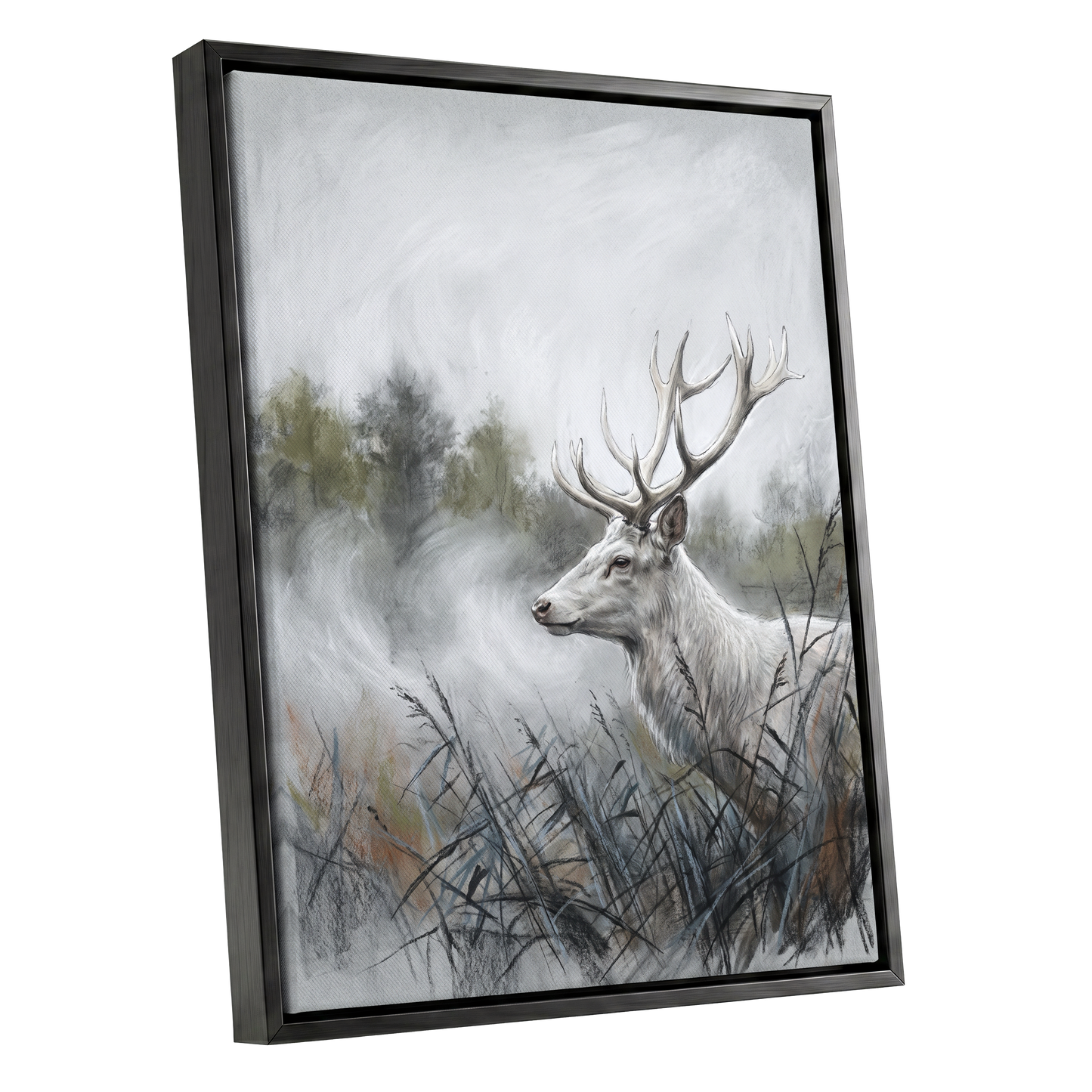 Stag in the Silver Mist, gray, white, black nature wall art shown as a black framed canvas wall art