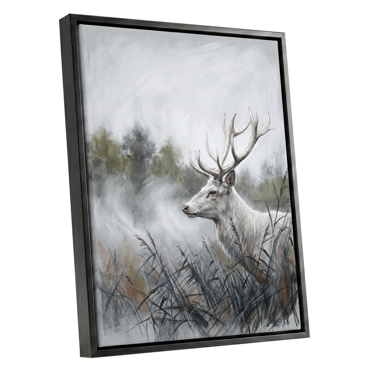 Stag in the Silver Mist, gray, white, black nature wall art shown as a black framed canvas wall art