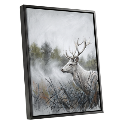 Stag in the Silver Mist, gray, white, black nature wall art shown as a black framed canvas wall art