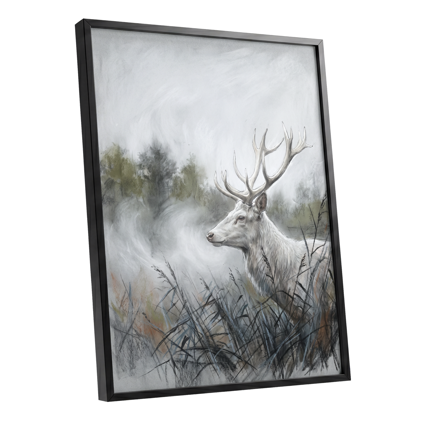 Stag in the Silver Mist, gray, white, black nature wall art shown as a black framed poster wall art print