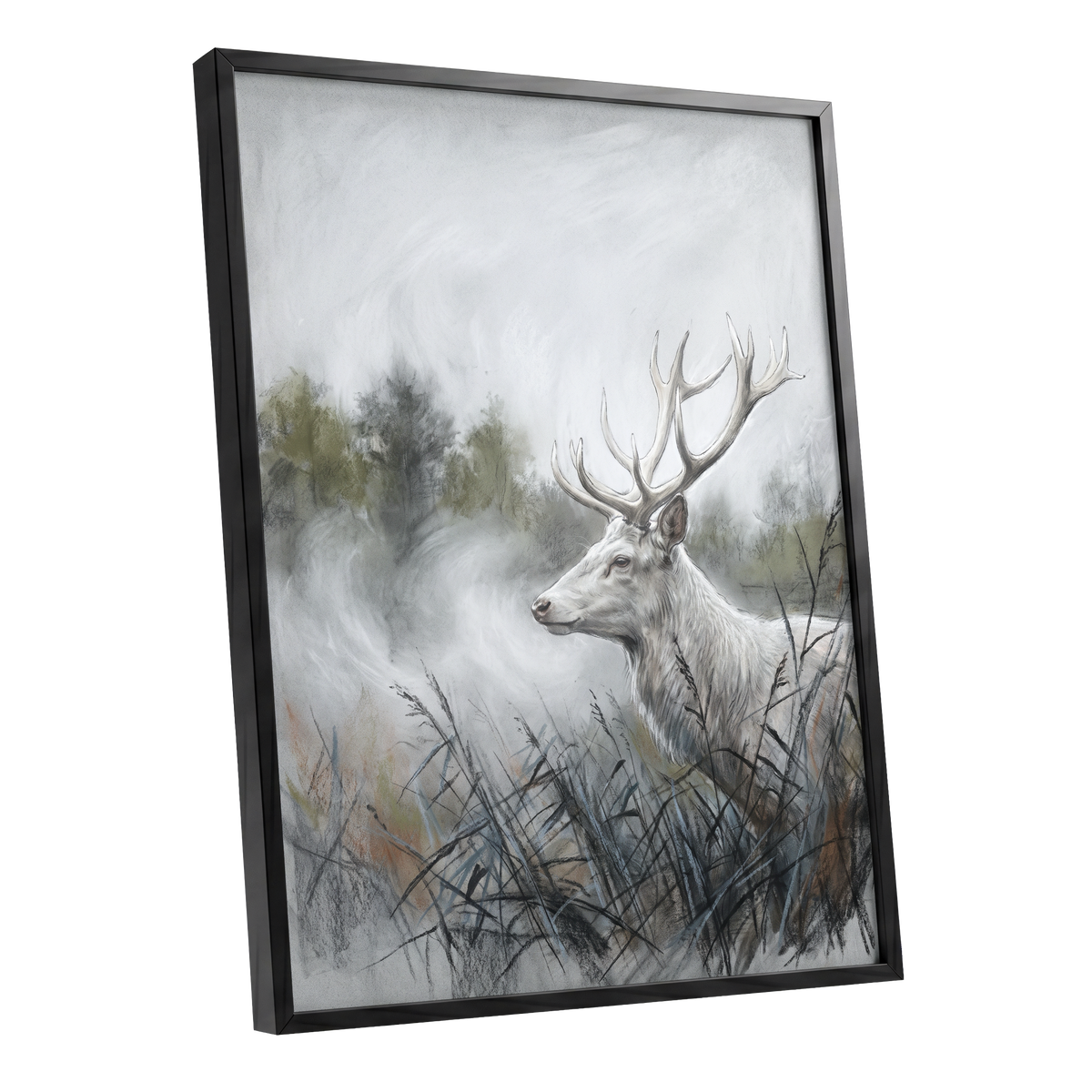 Stag in the Silver Mist, gray, white, black nature wall art shown as a black framed poster wall art print