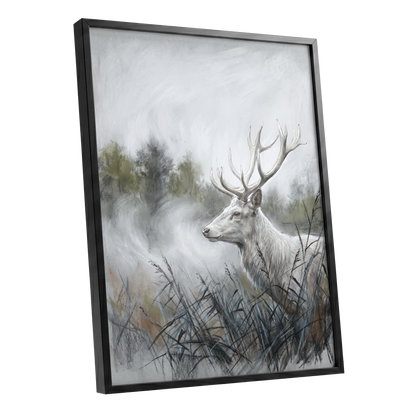 Stag in the Silver Mist, gray, white, black nature wall art shown as a black framed poster wall art print