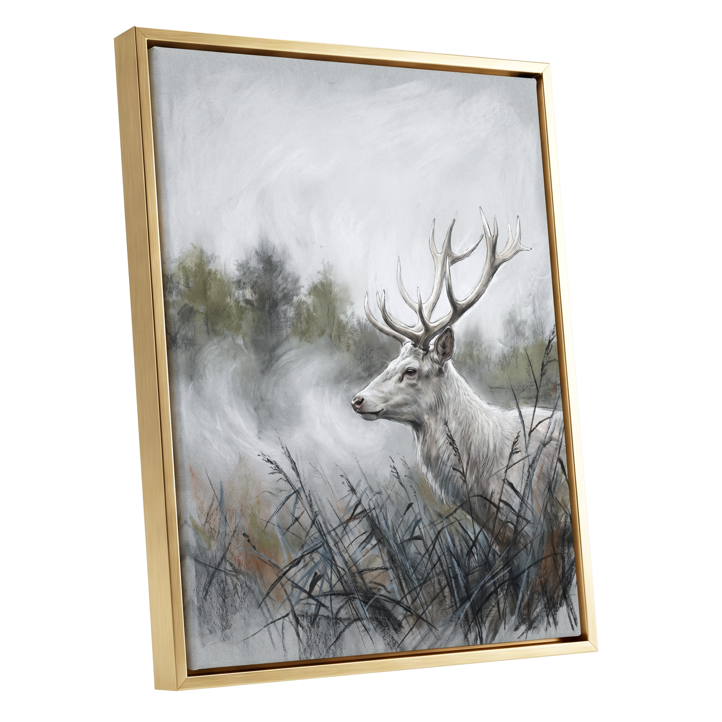 Stag in the Silver Mist, gray, white, black nature wall art shown as a gold framed canvas wall art