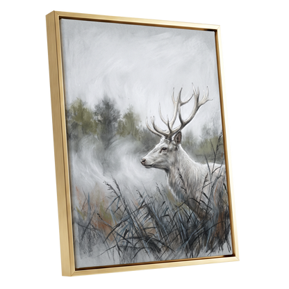 Stag in the Silver Mist, gray, white, black nature wall art shown as a gold framed canvas wall art