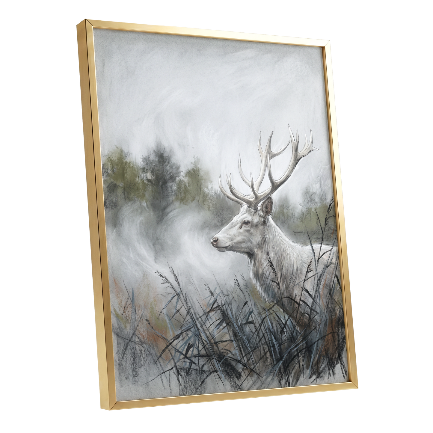 Stag in the Silver Mist, gray, white, black nature wall art shown as a gold framed poster wall art print