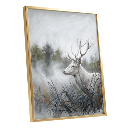 Stag in the Silver Mist, gray, white, black nature wall art shown as a gold framed poster wall art print