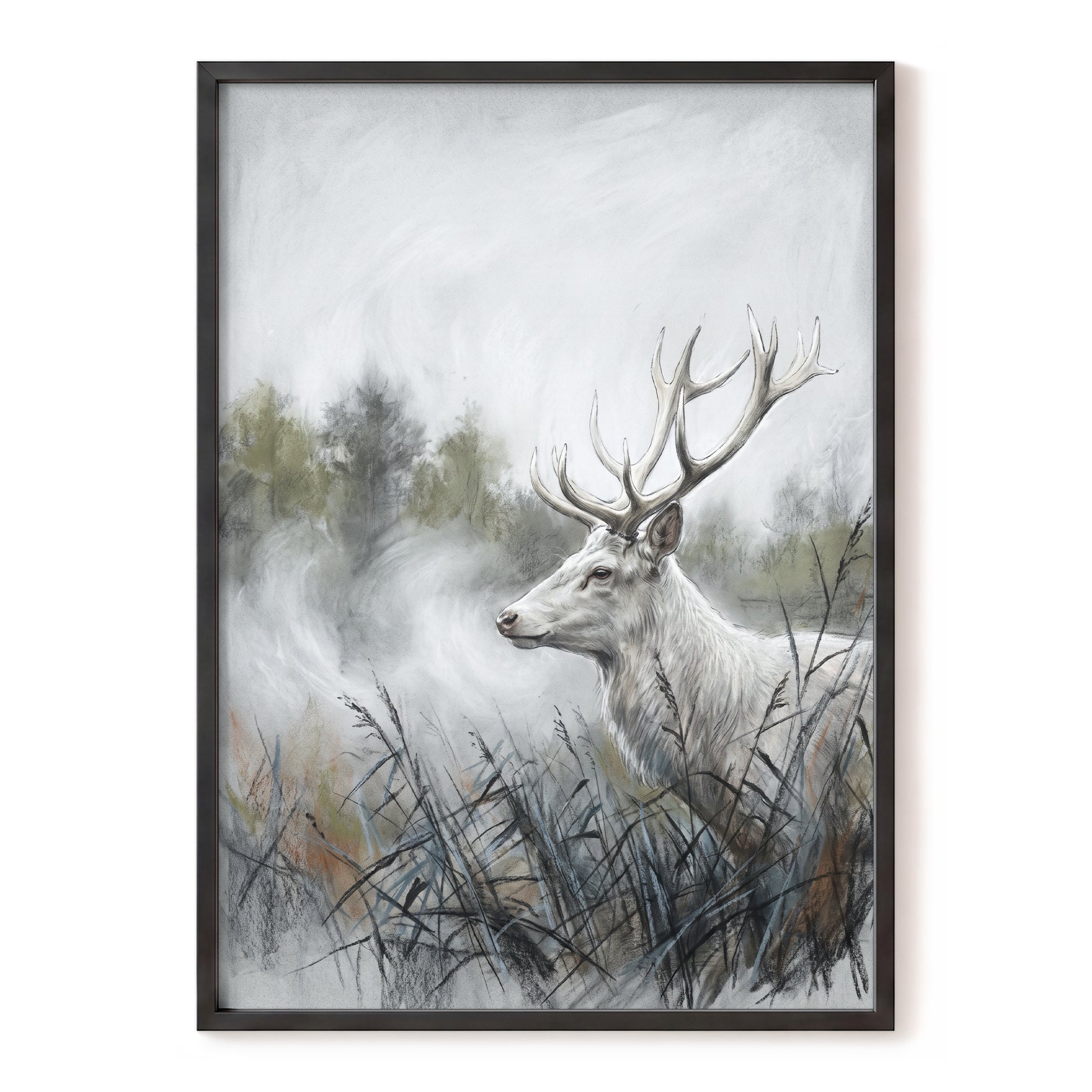 Stag in the Silver Mist, gray, white, black nature wall art, front artwork view