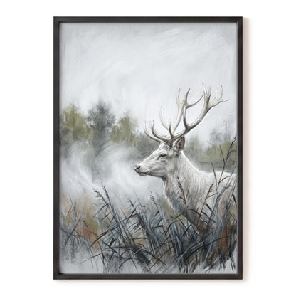 Stag in the Silver Mist, gray, white, black nature wall art, front artwork view