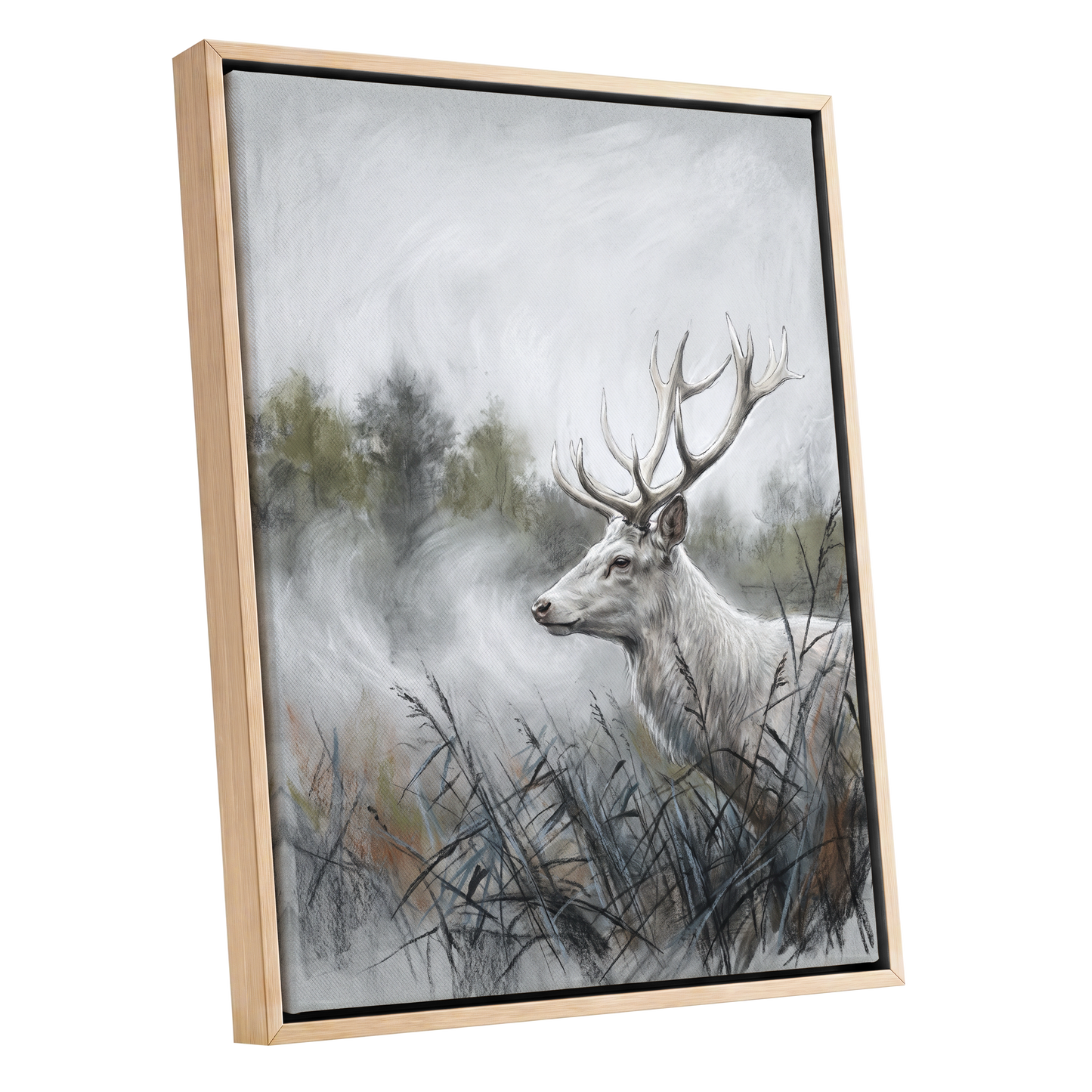 Stag in the Silver Mist, gray, white, black nature wall art shown as a oak framed canvas wall art