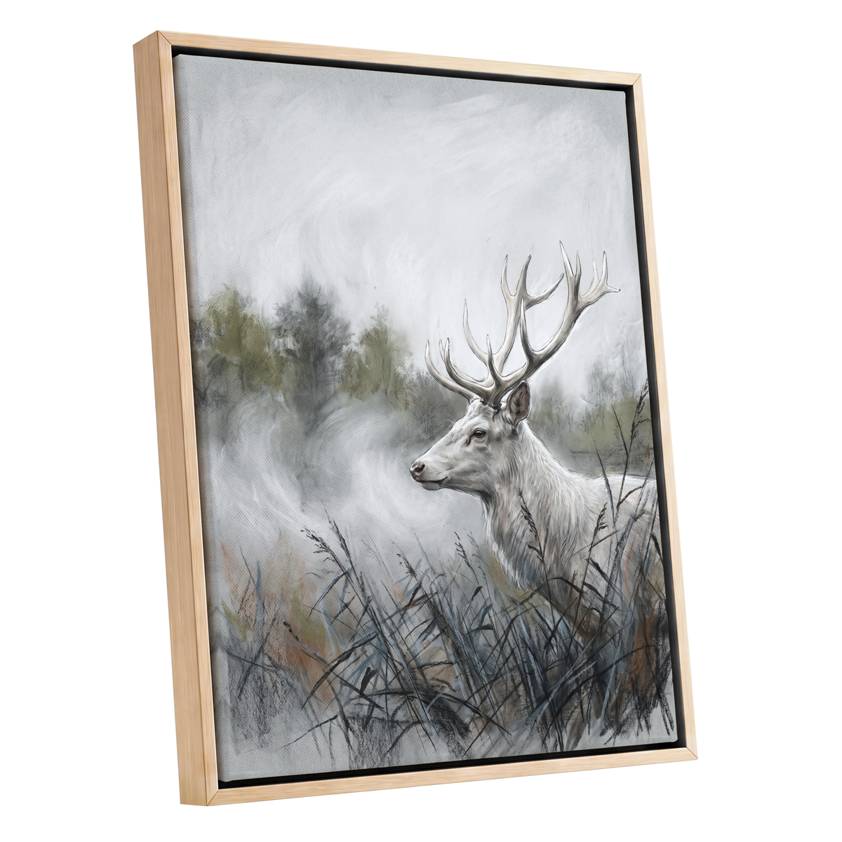Stag in the Silver Mist, gray, white, black nature wall art shown as a oak framed canvas wall art