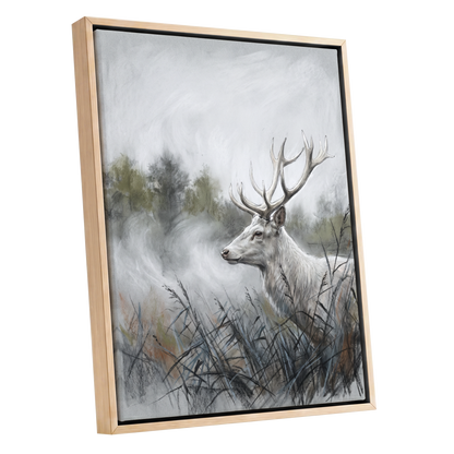 Stag in the Silver Mist, gray, white, black nature wall art shown as a oak framed canvas wall art