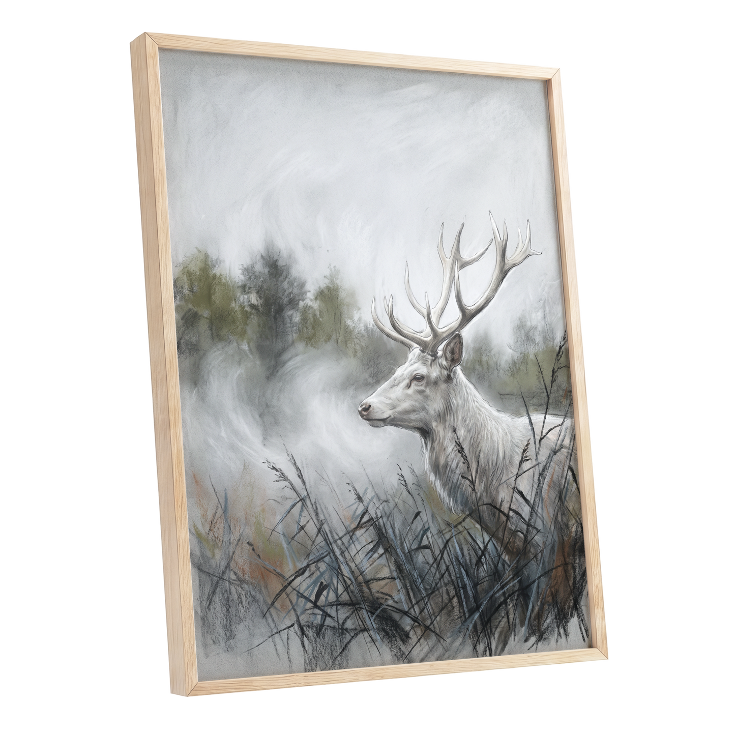 Stag in the Silver Mist, gray, white, black nature wall art shown as a oak framed poster wall art print