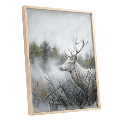 Stag in the Silver Mist, gray, white, black nature wall art shown as a oak framed poster wall art print