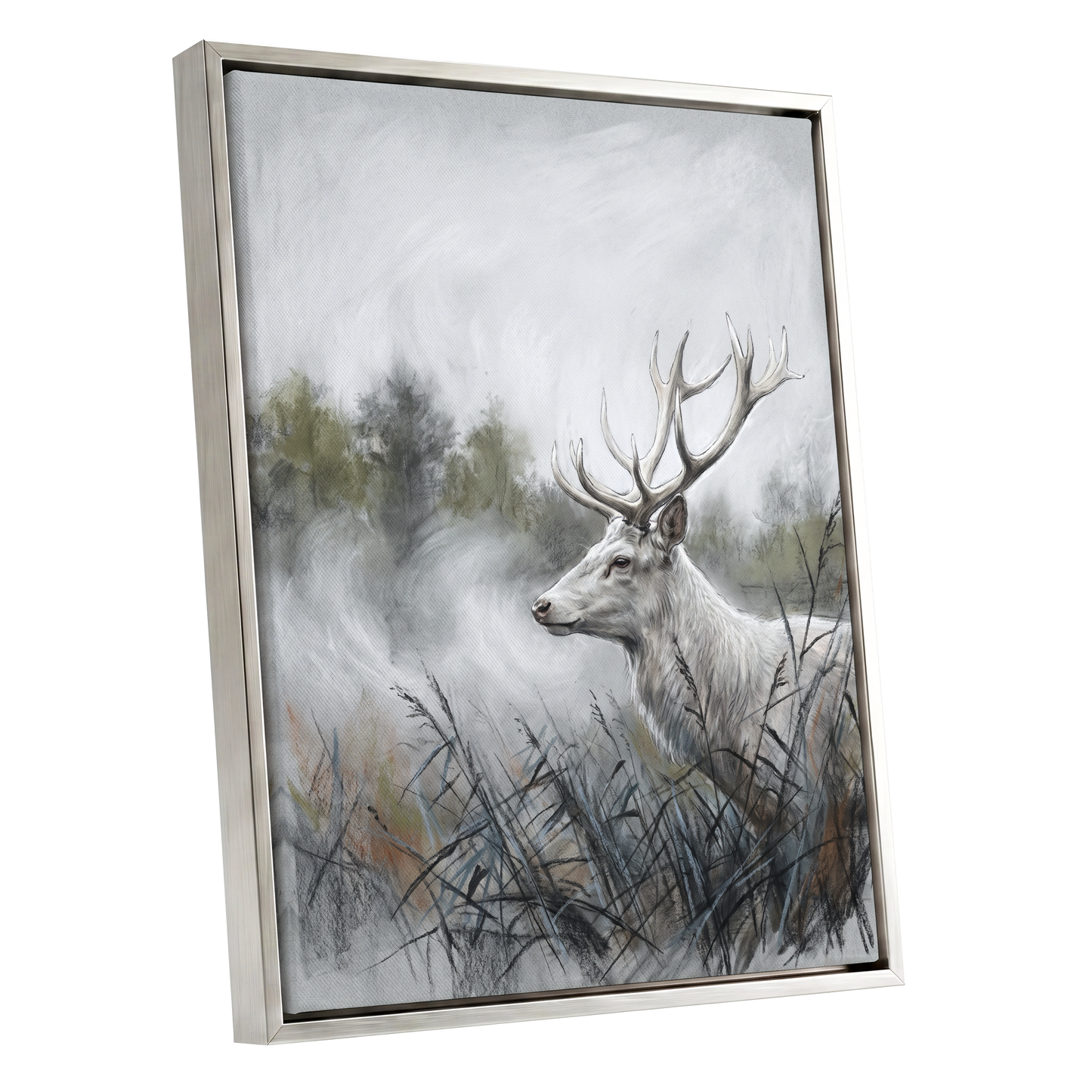 Stag in the Silver Mist, gray, white, black nature wall art shown as a silver framed canvas wall art