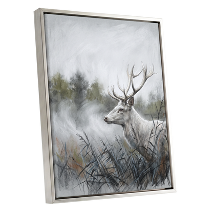 Stag in the Silver Mist, gray, white, black nature wall art shown as a silver framed canvas wall art