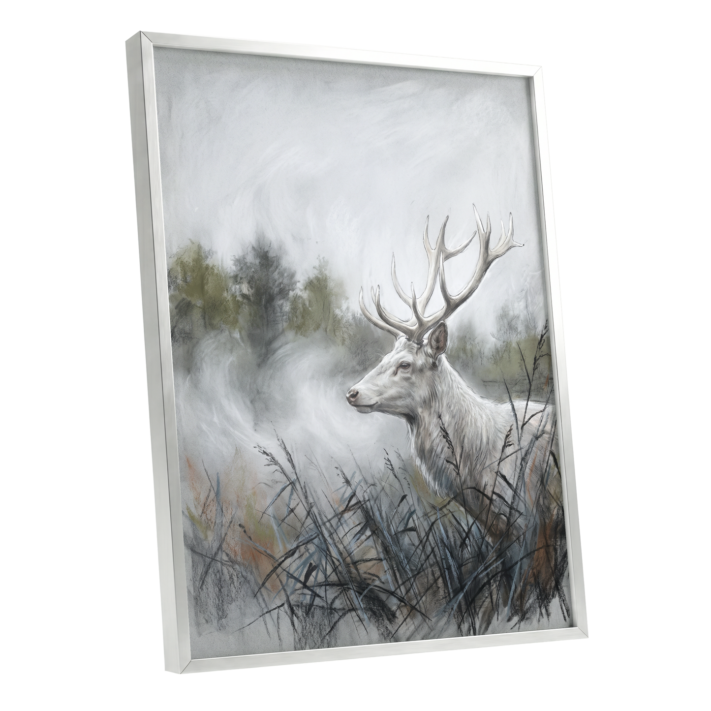 Stag in the Silver Mist, gray, white, black nature wall art shown as a silver framed poster wall art print