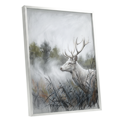 Stag in the Silver Mist, gray, white, black nature wall art shown as a silver framed poster wall art print