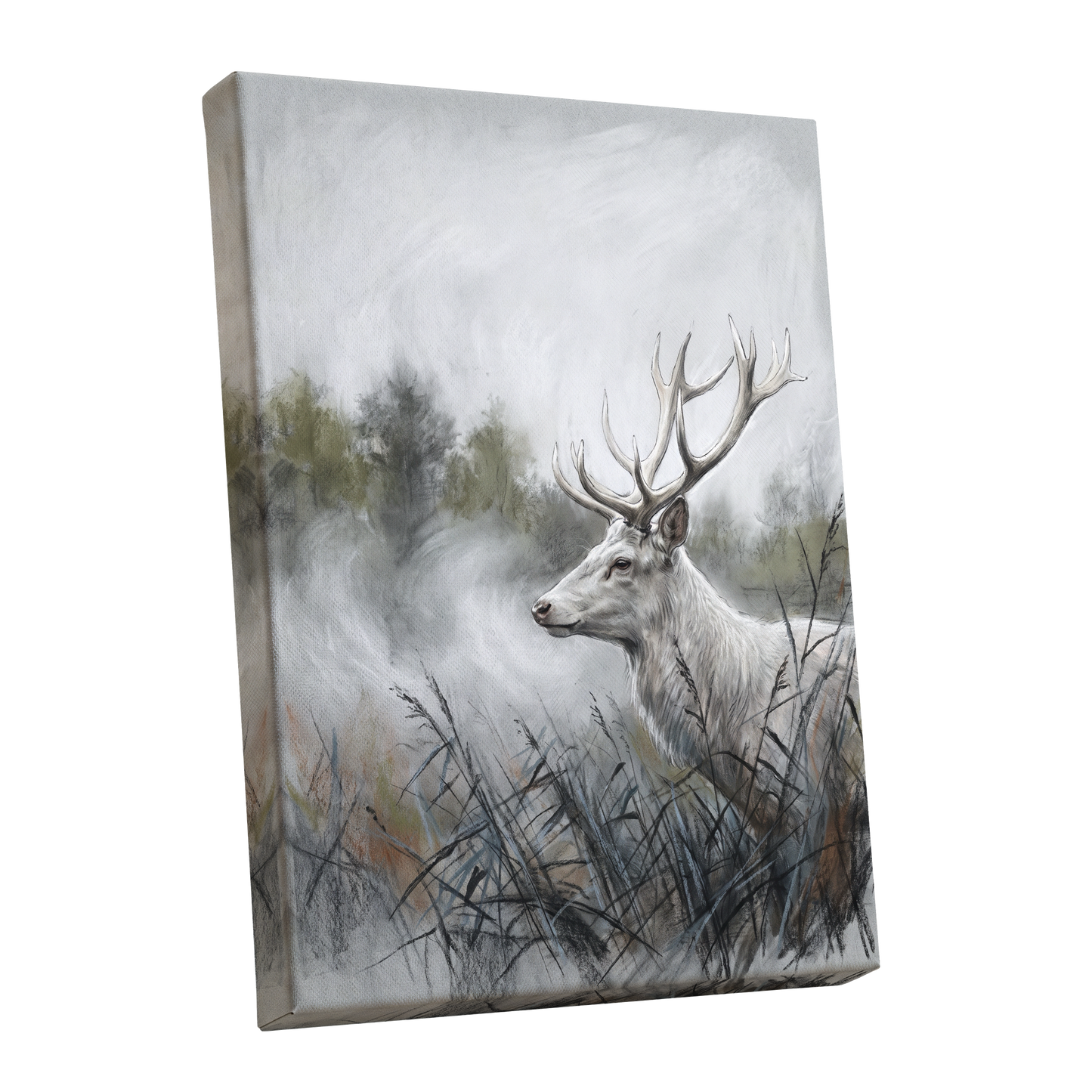 Stag in the Silver Mist, gray, white, black nature wall art shown as a stretched canvas wall art