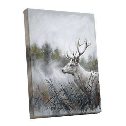 Stag in the Silver Mist, gray, white, black nature wall art shown as a stretched canvas wall art